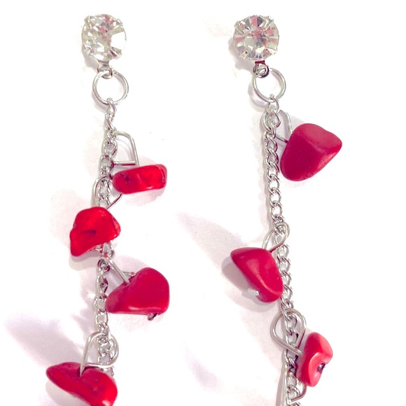 Drop Earrings Red Semi Precious Stones Silver Tone Rhinestone - Picture 3 of 4